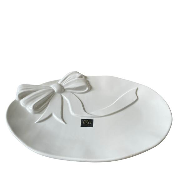 Handmade in Italy Embossed White Bow Ceramic Serving Platter 12x16 Oval NEW - Picture 15 of 16